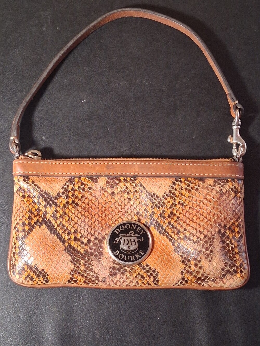 Dooney and Bourke Brown Tan Snake-Print Python Leather Wristlet